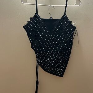 Black Studded V-Neck Spaghetti Strap Top & Matching Asymmetrical Mini Skirt